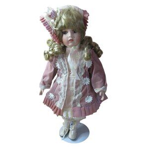 1998 Collectible Porcelain Doll Pink Dress Hat Roses William Tung 16" Tuss Inc.